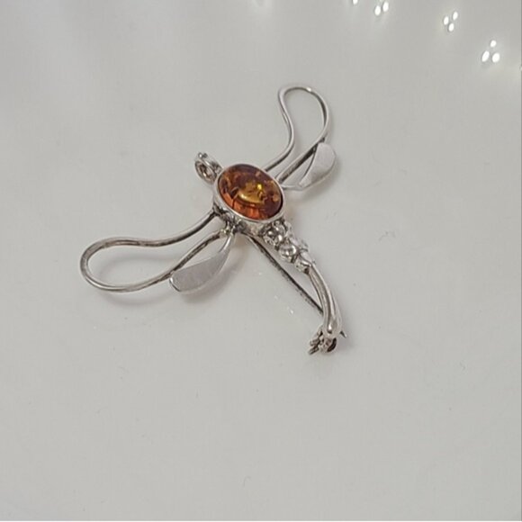 Vintage Sterling Silver Baltic Amber Gemstone Dragonfly Brooch Pendant - Picture 7 of 10
